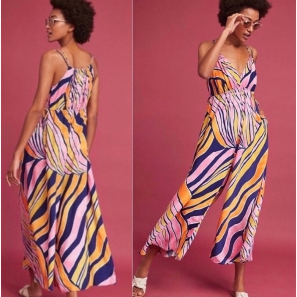 Anthropologie Maeve Jumpsuit 4 Pink Orange Abstract Swirl Wide Leg Halter Neck